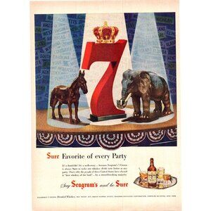 1952 Seagram's Seven 7 Crown Whiskey Vintage Print Ad Circus Big Top Wall ARt